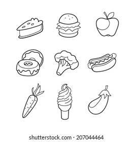 Fast food, fruits and vegetables icons set