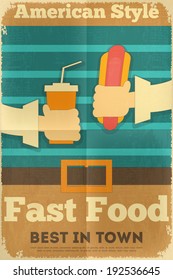 Fast Food Fun Poster in Retro Design Style. Hot Dog and Drink. Vector Illustration.