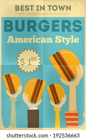Fast Food Fun Poster in Retro Design Style. Hamburgers. Vector Illustration.