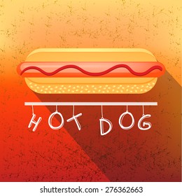 Fast Food Fun Poster in Retro Design Style. Big Hot Dog. Vector Illustration.