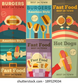 Fast Food Fun Posters Collection in Flat Design Style. Vector Illustration.