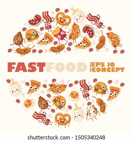 Fast food funny cartoon characters, vector illustration. Round frame composition with isolated junk food icons. Unhealthy snacks, take away street food. French fries, pizza and noodles, smiling faces