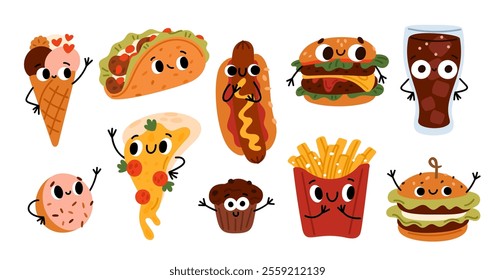 Fast food funny characters. Cartoon cute street meal with smiling faces. Pizza and burger. Junk snacks. Happy tacos. Hamburger mascot. French fries. Hotdog or ice cream