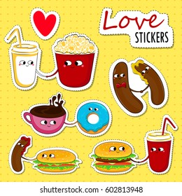 Fast food funny love stickers. Cute cartoon emoticons. Vector illustration.