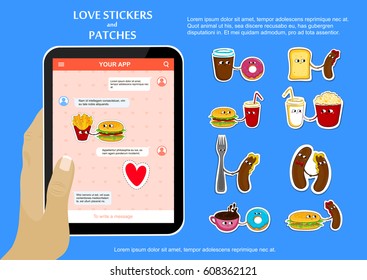 Fast food funny love stickers and patches. Cute cartoon emoticons. Chat application on tablet. Vector illustration.