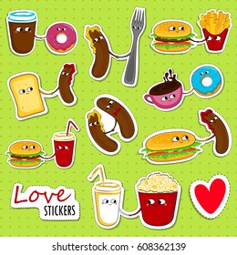 Fast food funny love stickers. Cute cartoon emoticons. Vector illustration.