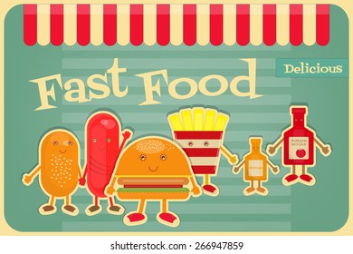 Fast Food Funny Menu. Cartoon Fries, Hot Dog, Burger. Vector Illustration.
