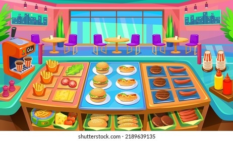 Fast food game background. Burger and hot dog ingredients: patty, sausage, cheese, bun, ketchup, mayo. French fries and soda. Cafe or restaurant with kitchen in cartoon style vector illustration.