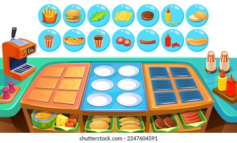 Fast food game vector background in cartoon style. Play as a restaurant chef in a kitchen. Combine ingredients and cook meals for customers. Burger and hot dog elements. Soda and french fries. 