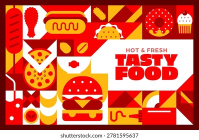 Fast food with geometric takeaway pattern. Vector retro modern tile background with burger, pizza, hot dog, donut and snacks in red and yellow palette. Street food advertising for restaurant menu