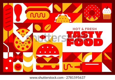 Fast food with geometric takeaway pattern. Vector retro modern tile background with burger, pizza, hot dog, donut and snacks in red and yellow palette. Street food advertising for restaurant menu