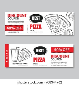 Fast Food Gift Voucher And Coupon Sale Discount Template Flat Design. Vector Set Of Pizza Hand Drawn Background.