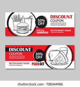 Fast food gift voucher and coupon sale discount template flat design. Vector set of hamburger, french fries, sandwich, pizza  hand drawn background.