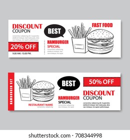 Fast food gift voucher and coupon sale discount template flat design. Vector set of hamburger, french fries hand drawn background.