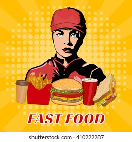 Fast food girl in a cap, fast food working staff pop art 