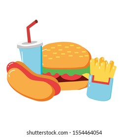 Fast food. Glass of soda with french fries and hamburger on white background