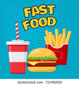 Fast food. Glass of soda with french fries and cheeseburger on blue background. Vector illustration in pop art style.