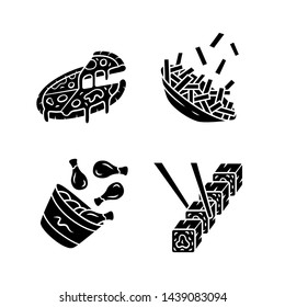Fast food glyph icons set. Pizza, french fries, chicken drumsticks, sushi. Italian, american and asian cuisine. Fat dishes. Restaurant, cafe menu. Silhouette symbols. Vector isolated illustration