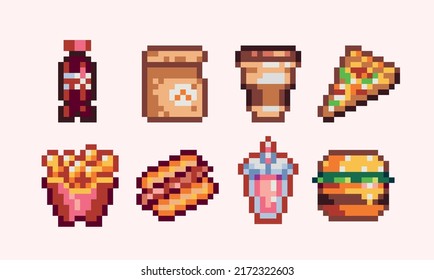 Fast food and to go beverages pixel art set. Soda, coffee, pizza, hot dog, fries, shake, burger collection. 8 bit sprite. Game development, mobile app.  Isolated vector illustration.