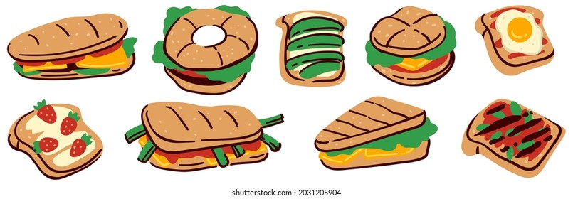 Fast food, grab and go, burgers and snacks, sandwiches with toast bread, salad leaves and eggs. Nutrition and culinary variety, cheese and meat, salsa sauce and appetizers. Vector in flat style