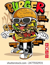 Fast food graffiti cartoon illustration. Colorful fast food vector mascot illustration in graffiti style