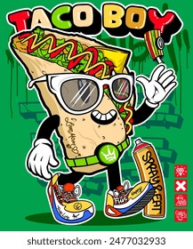 Fast food graffiti cartoon illustration. Colorful fast food vector mascot illustration in graffiti style