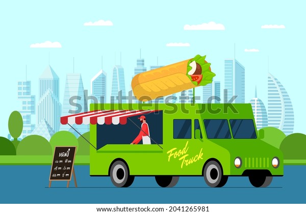 Fast food green truck with cook outdoor in\
city park. Shawarma on van roof. Doner kebab delivery van service.\
Fair on street with catering wheels. Vector advertising banner\
illustration