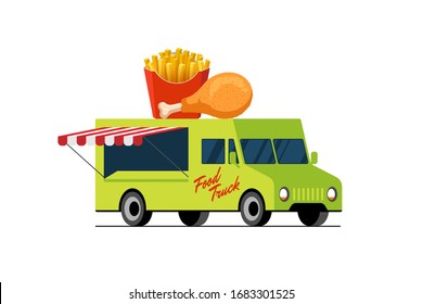Fast food green truck. Fried chicken and french fries on van roof. Crispy potato and roast poultry meat car delivery service or festival on street cuisine wheels vector flat isolated illustration