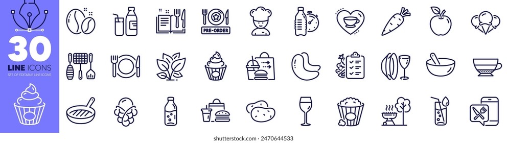 Fast food, Grill pan and Popcorn line icons pack. Food app, Cake, Milk web icon. Diet menu, Ice cream, Potato pictogram. Apple, Leaf, Grill tools. Water bottle, Americano, Water glass. Vector