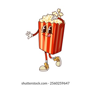 Fast food groovy popcorn bucket funny character. Cinema cafe snack happy groovy character, retro cartoon isolated vector cute mascot. Takeaway meal or fast food menu popcorn box cheerful personage