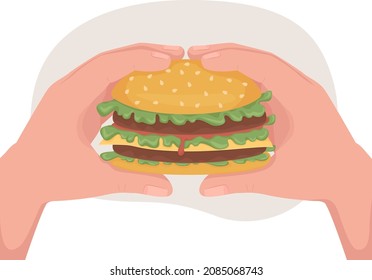 Fast food hamburger 2D vector isolated illustration. Tasty burger. Holding sandwich for eating flat first view hand on cartoon background. Junk snacks with calories colourful scene