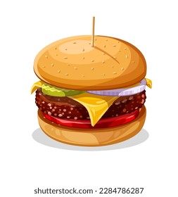 Fast food. Hamburger with beef meat cutlet and cheese isolated on white background. Cheese burger. Burger with red tomato, pickled cucumbers and onion rings. Isolated hamburger. Vector illustration