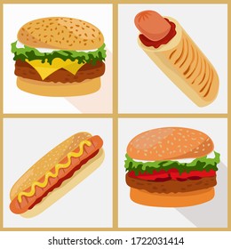 Fast food: hamburger, cheeseburger, sausage roll, hot dog. Vector drawing.