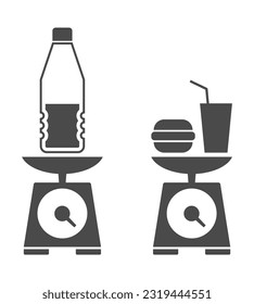 Fast food hamburger and cola bottle on scale icon