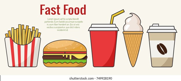 Fast food. Hamburger, donut, coffee, ice cream and french fries. Line art  vector illustration