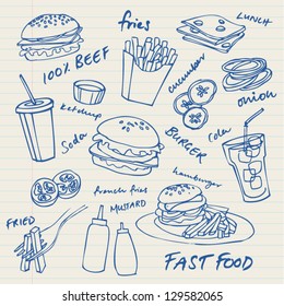 Fast food hamburger doodle set