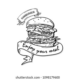 fast food hamburger drawing object black white 