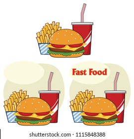 Fast Food Hamburger Drink And French Fries Cartoon Drawing Simple Design. Vector Collection Set Isolated On White Background