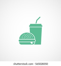 Fast Food Hamburger And Drink Soda Plastic Cup Green Flat Icon On White Background
