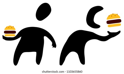 Fast food hamburger eater figure stencils black, vector illustration, horizontal, over white, isolated