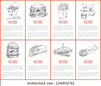 Fast food hamburger and French fries in package. Asian noodles and burrito. Sandwich fried chicken served with sauce in bowl sketches outline vector