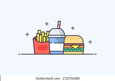 Fast food, hamburger, 
French fries, milk shake illustration in flat line style. Design concept of vector illustration isolated on light background for website and mobile apps.