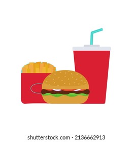 Fast food. Hamburger, french fries and drink. Isolated on white background. Vector illustration.