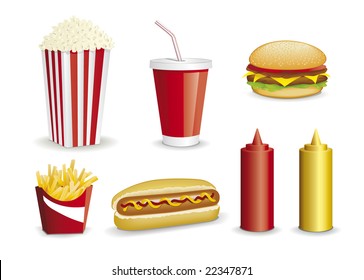 fast food, Hamburger, french fries, popcorn, cola