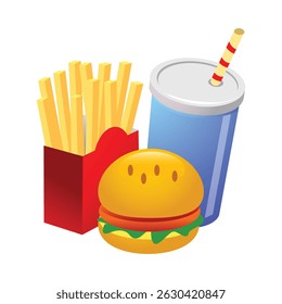 Fast food hamburger, french fries and drink.