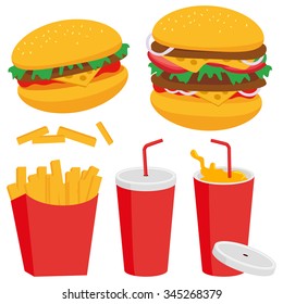 Fast food hamburger, french fries and drink. Vector illustration