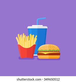 Fast food. Hamburger, french fries and soda takeaway. Flat style vector illustration.