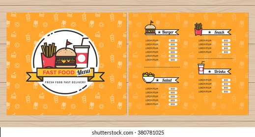 Fast food, hamburger, french fries menu design, brochure design, menu template with food patterns for restaurant. Vector illustration.