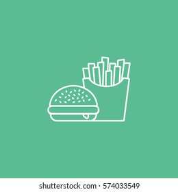 Fast Food Hamburger And French Fries Line Icon On Green Background