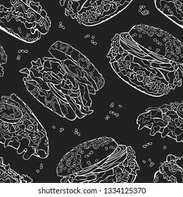 Fast food. Hamburger, Hot Dog, egg sandwich, pizza slice. Seamless vector pattern (background, print).